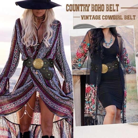 ⚡Women Western Leather Concho Belt Vintage Cowgirl Cowboy Disc Boho Waist Belt - Picture 4 of 8